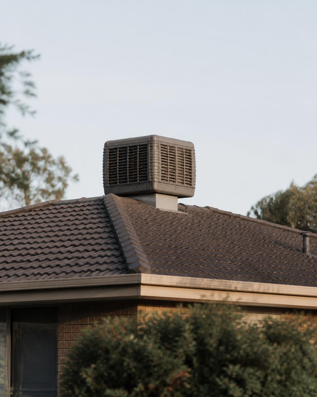 Evaporative cooling unit installed on the tiled roof of a suburban Perth home